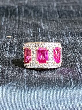 Ross-Simons Sterling Silver Gold Accent Ring with Bright Pink Rectangular Stones
